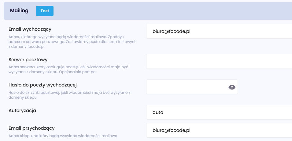 konfiguracja mailingu w focode.pl